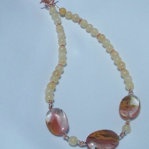 Handmade Beaded Yellow Moonstone Necklace With Peach Agate Ovals 19 Inches - Picture 13 of 16